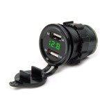 Moto socket USB charger x 2 and digital voltmeter, green led, black color, model II